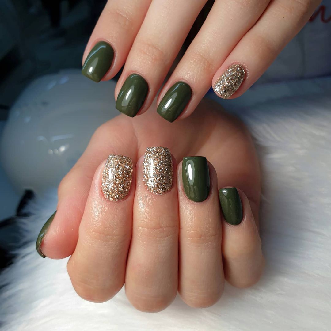 Olive green and gold glitter nails