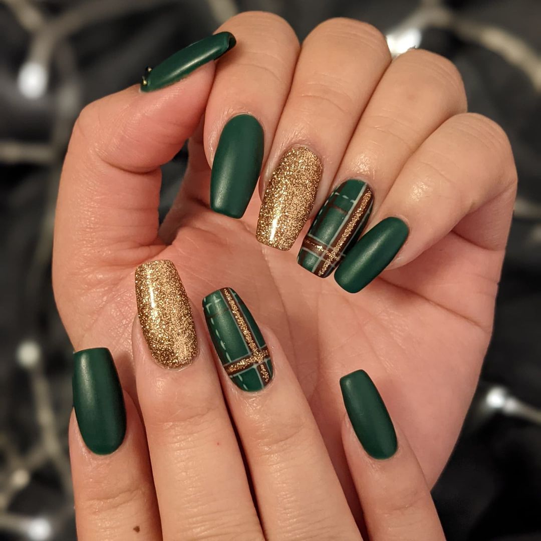 Green and gold tartan nails