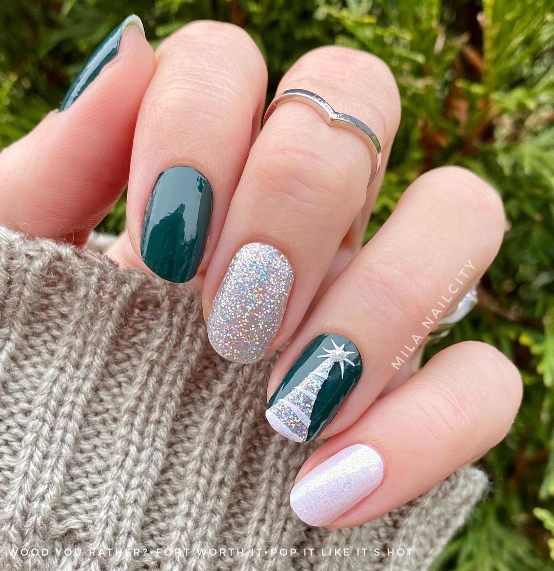 Green and silver glitter nails