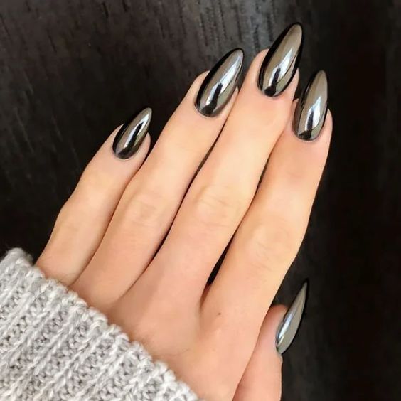 Dark Grey Chrome Nails
