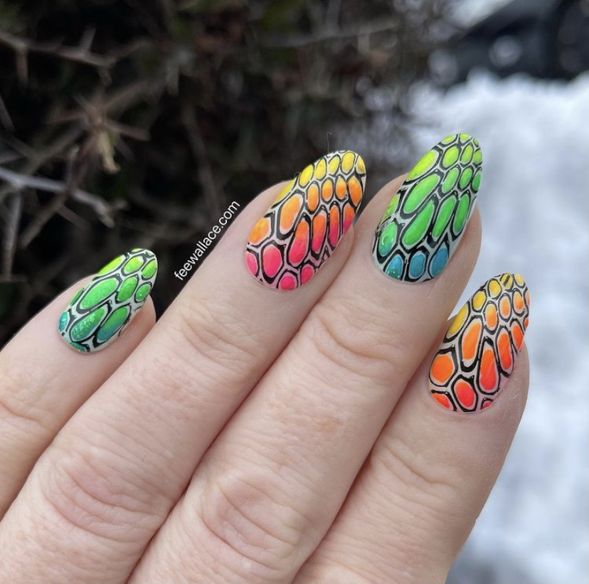 Neon lizard nail art by Fee Wallace