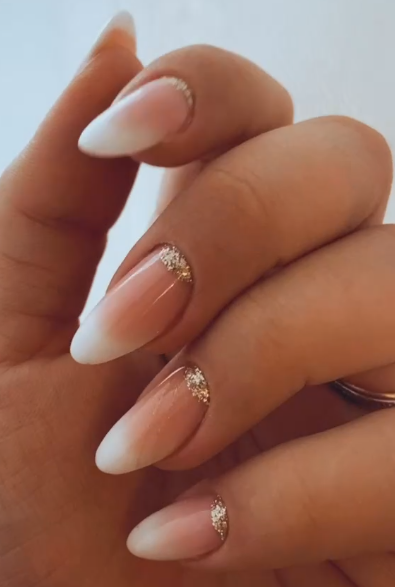 Upside-Down French Manicure with Glitter Tips