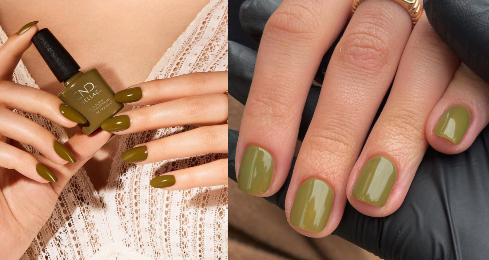 green shellac gel polish nails, olive tone